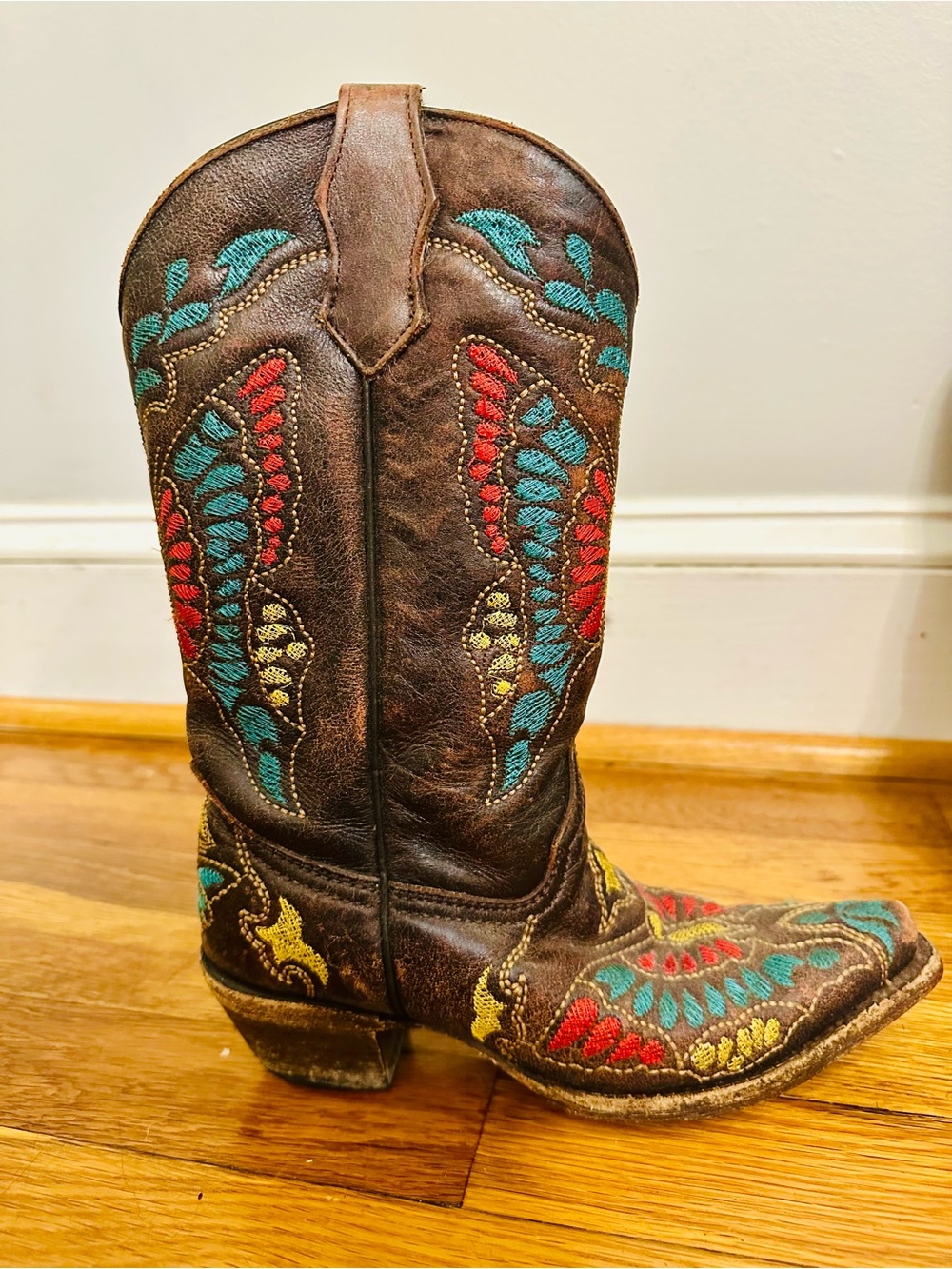 Brown Embroidered Western Heeled Boot - Multicolor Stitch Accents